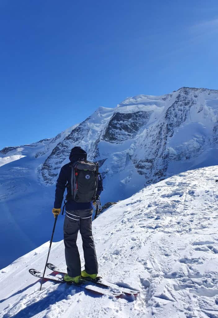 on the descent with Piz Palü in the background
