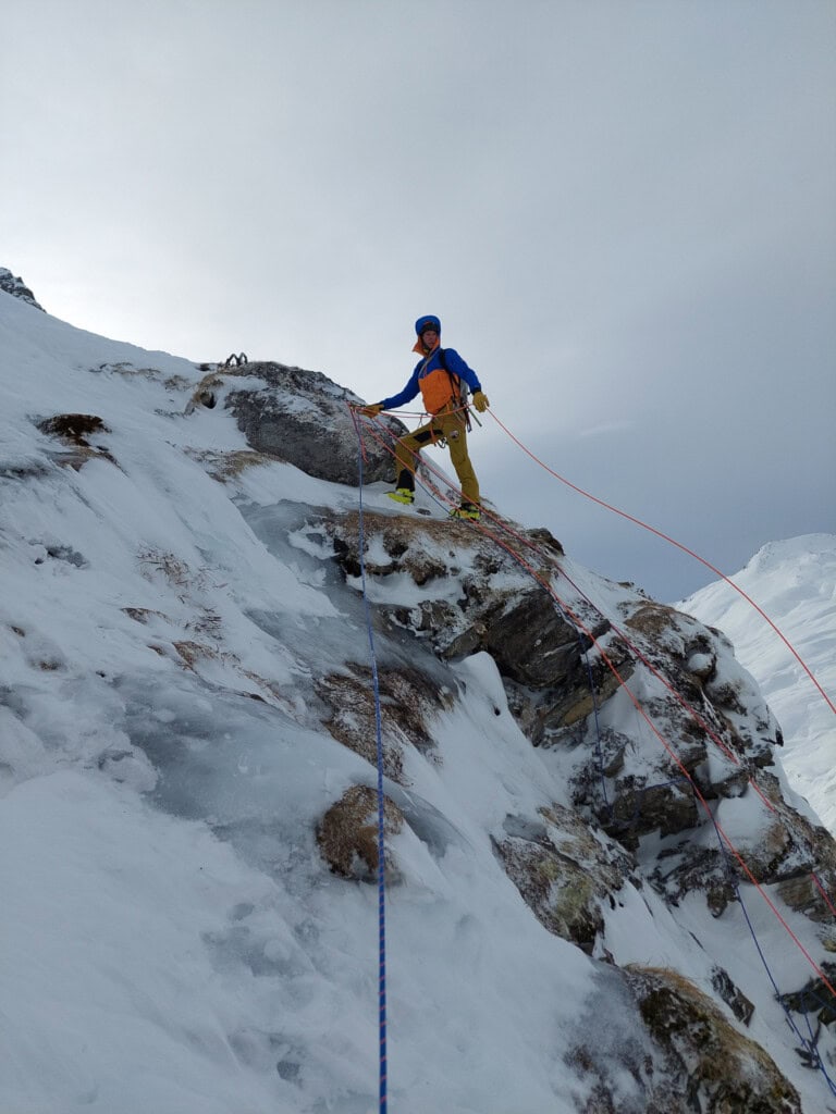 Abseiling during ice climbing