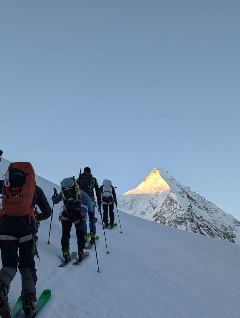 At dawn, ascent, the Obergabelhorn in the background.