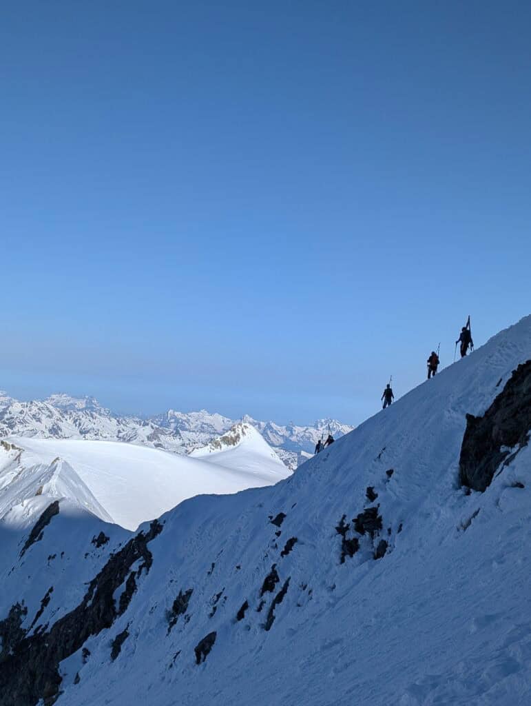 Arret Blanc in profile with ski mountaineer on the ridge on the Tour du Ciel