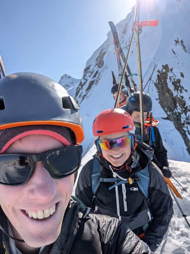 Ski mountaineers on the Arrete Blanc on the Tour du Ciel.