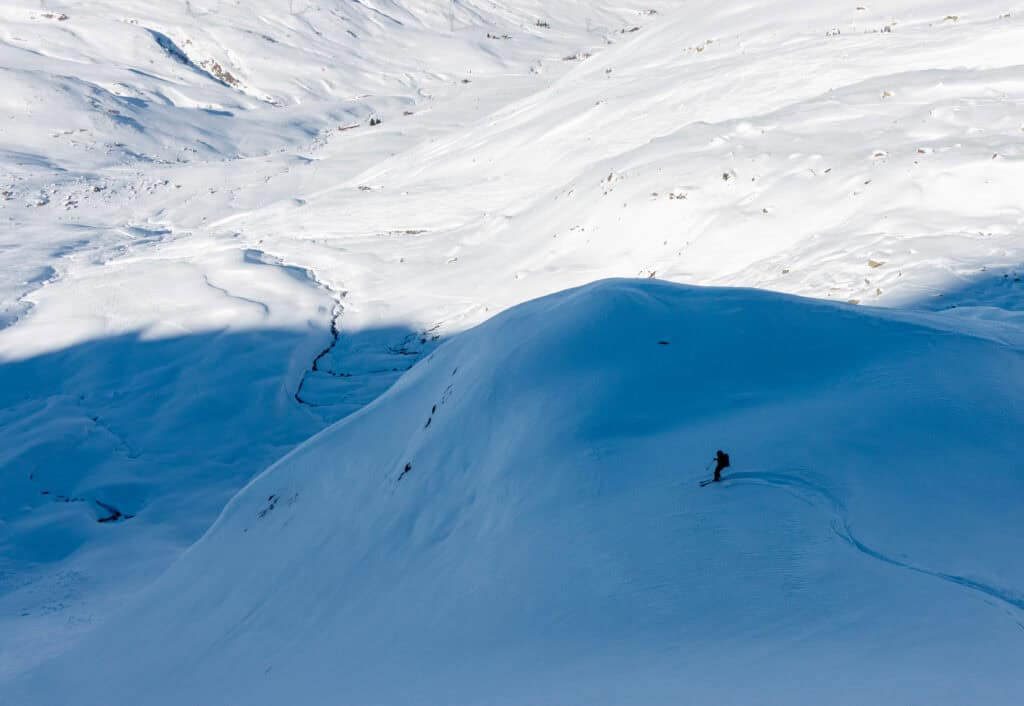 Solitary descent in the Jenatsch area above Bivio on the Julier Pass